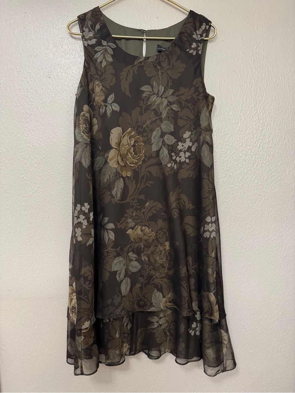 R&M Richards Brown Floral Layered Chiffon Shift Dress Size 16P